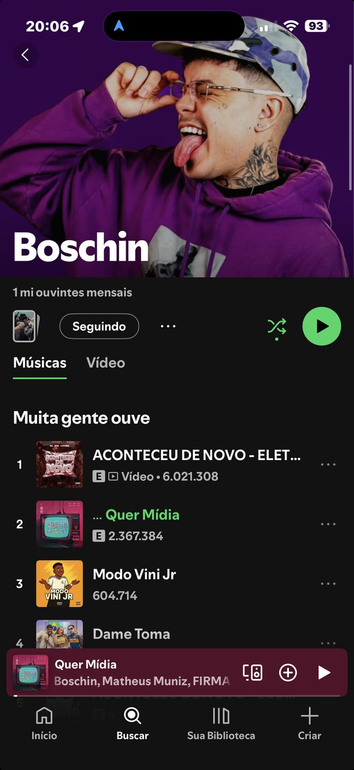 Perfil do Boschin no Spotify: 1 milhão de ouvintes mensais e 2.367.384 plays em Quer Mídia