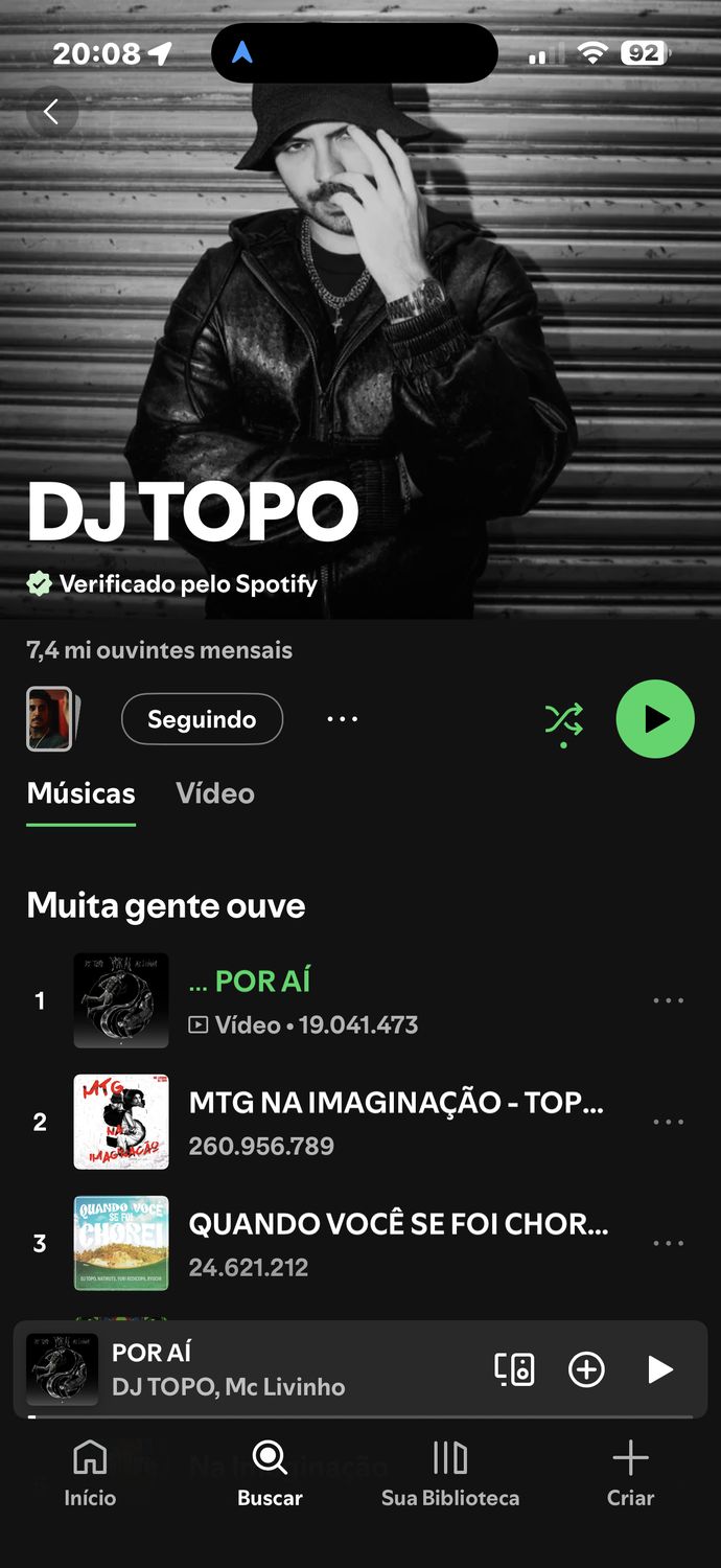 Perfil do DJ Topo no Spotify: 7,4 milhões de ouvintes mensais e 19.041.473 plays em Por Aí