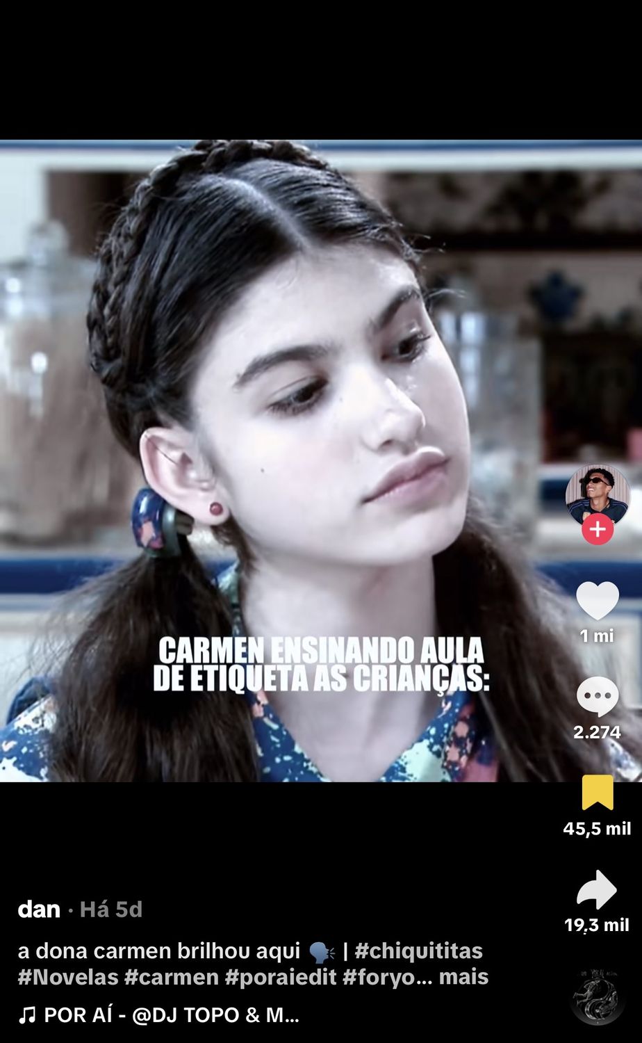 Edit publicado no TikTok com 1 milhão de curtidas, 45,5 mil salvos e 19,3 mil compartilhamentos usando o áudio de Por Aí